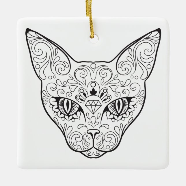 Kitty Face Sugar Skull | Day of the Dead Cat Ceramic Ornament (Front)