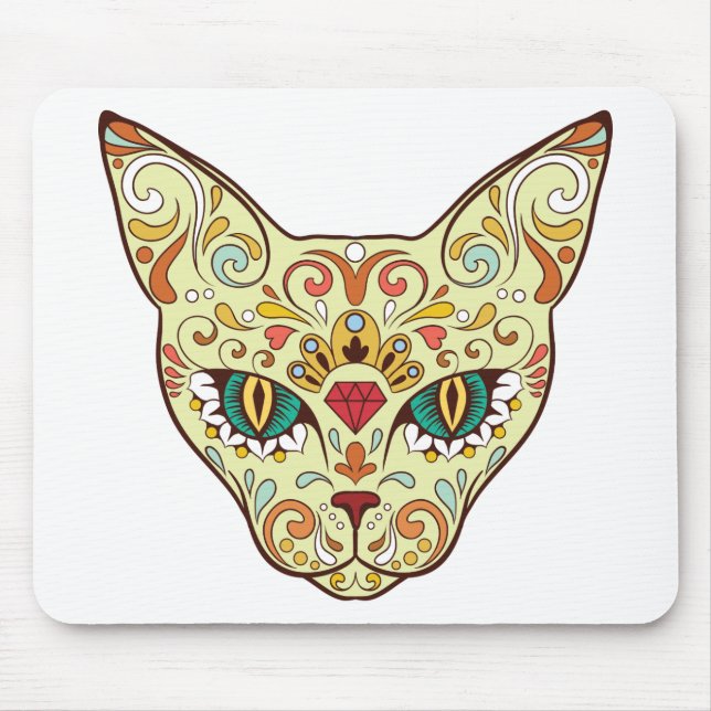 Kitty Face Sugar Skull | Day of the Dead Cat Mouse Pad (Front)