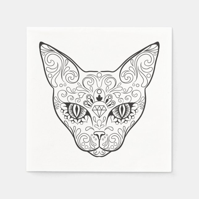 Kitty Face Sugar Skull | Day of the Dead Cat Napkin (Front)