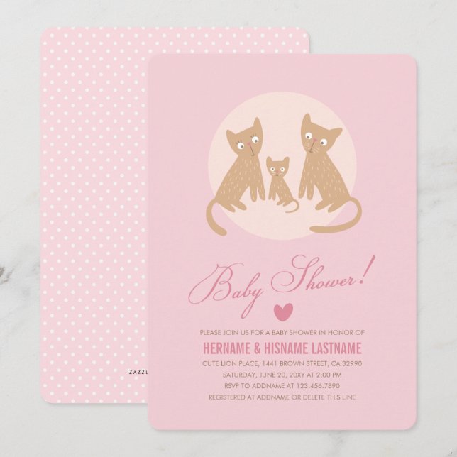 Kitty Famille Baby shower rose fille Invitation (Devant / Derrière)