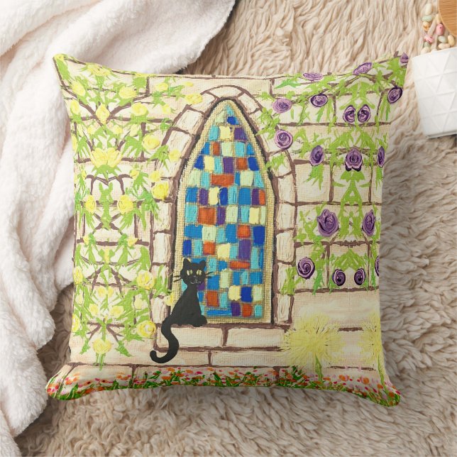 Kitty in a Window Throw Pillow (Blanket)