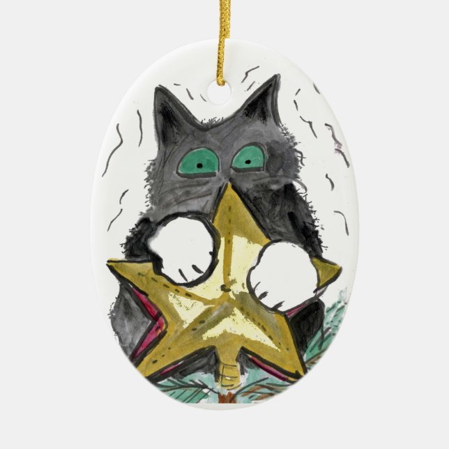 Kitty is at Top of the Christmas Tree Ceramic Ornament (Front)