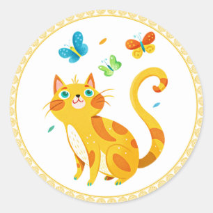 Kitty Kat and Colourful Butterflies, gold frame, Classic Round Sticker