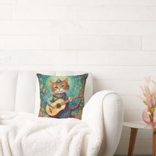 Kitty Kat Playing Guitar Throw Pillow