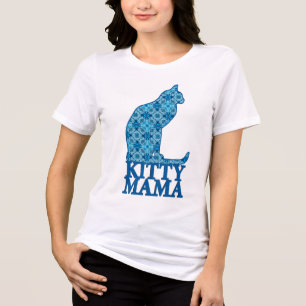 Kitty Mama Sitting Cat in Denim Blue Pattern Tri-Blend Shirt