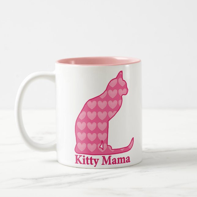 Kitty Mama Sitting Cat in Fuchsia Pink Hearts Two-Tone Coffee Mug (Left)