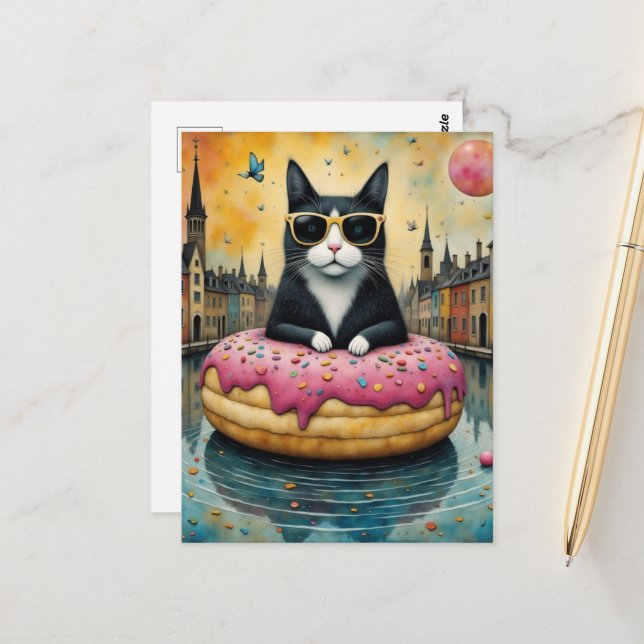 Kitty on Vacation in a Floating Doughnut Postcard (Front/Back In Situ)