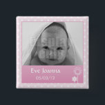 Kitty - pink pin's 2 inch square button<br><div class="desc">Customizable button with photo and birth info. Pink and white polka dots</div>