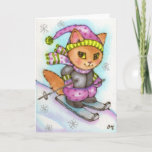 Kitty Skiing — Cute winter cat Holiday Card<br><div class="desc">Art by Carmen Medlin.</div>