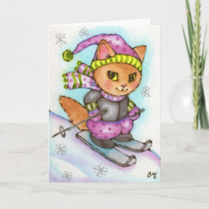 Kitty Skiing — Cute winter cat Holiday Card