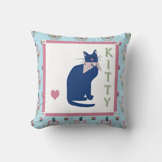 Kitty Tea Throw Pillow (Front)