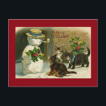 Kitty Trio and Snowman Postcard<br><div class="desc">Cute kittens wearing ribbons approach a big snowman.  Vintage card art for Cat lovers!</div>