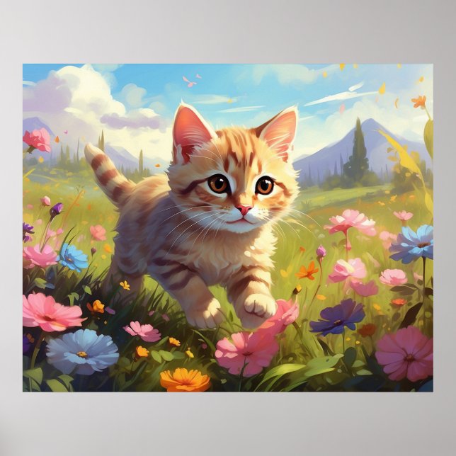 *~* Kitty Walking Flowers 5:4  Kitten Cat AP68  Poster (Front)