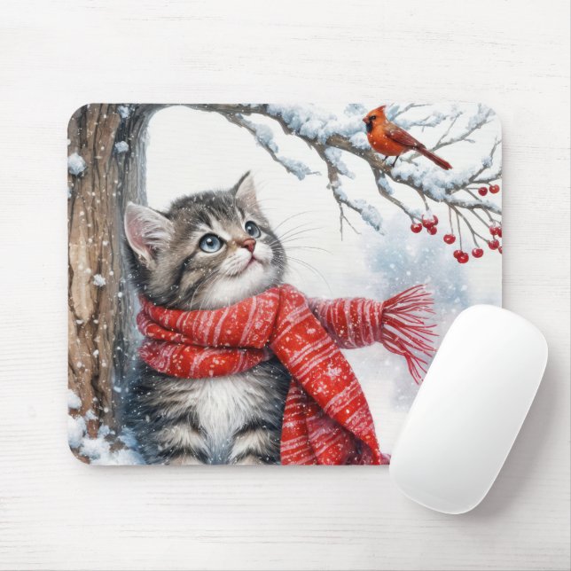 Kitty Watching a Cardinal In Snowflakes Mouse Pad (With Mouse)