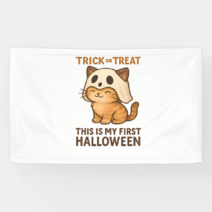 kitty wearing a mask ready for his first Halloween Banner