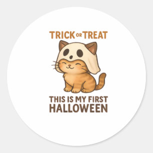 kitty wearing a mask ready for his first Halloween Classic Round Sticker
