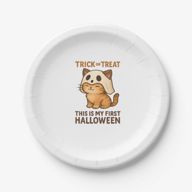 kitty wearing a mask ready for his first Halloween Paper Plate (Front)