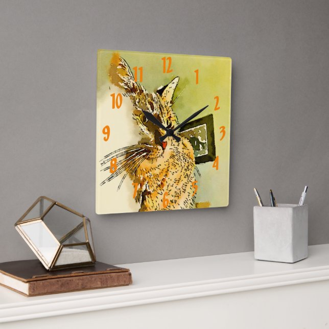Kitty Whiskers Heart Nose Watercolor Square Wall Clock (Office)