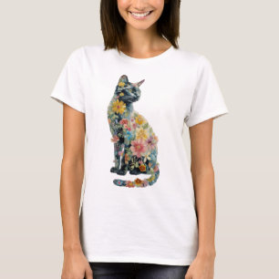 Kitty wildflowers watercolor painting cat mom mum T-Shirt