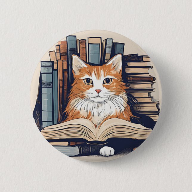 Kitty with Books button (Front)