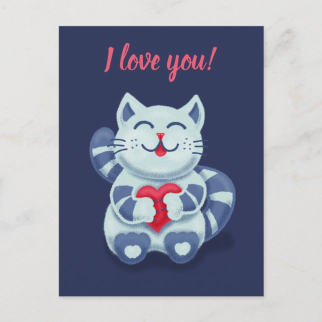 Kitty With Heart Cute Blue Cat I Love You Postcard (Front)
