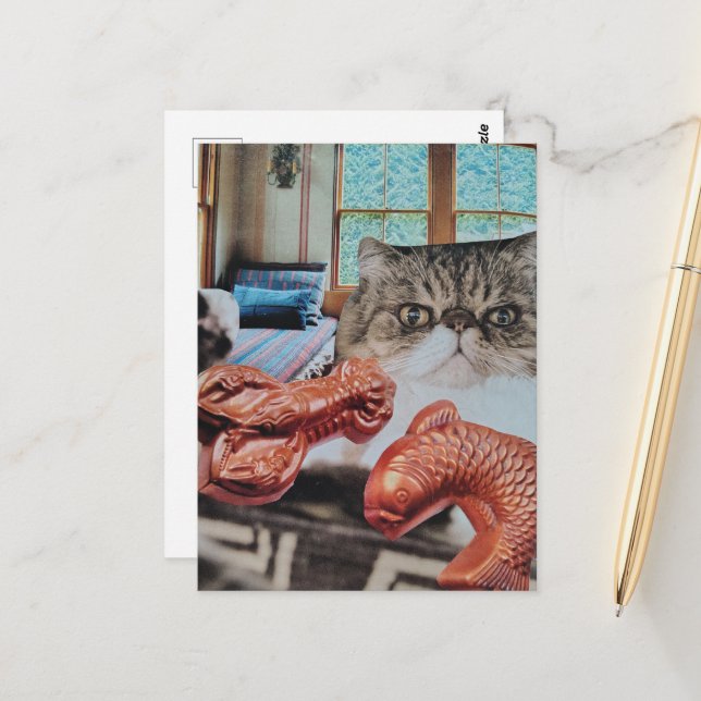 Kitty With Lobster and Fish Collage Postcard (Front/Back In Situ)