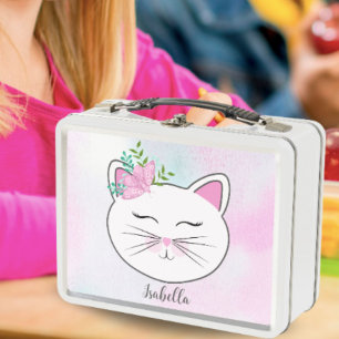 Kitty With Pink Butterfly Personalized Metal Lunch Box