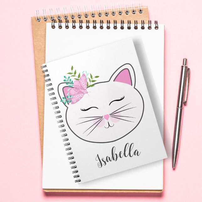 Kitty With Pink Butterfly Personalized Notebook (Kitty charm meets boho butterfly vibes in this whimsical notebook.)