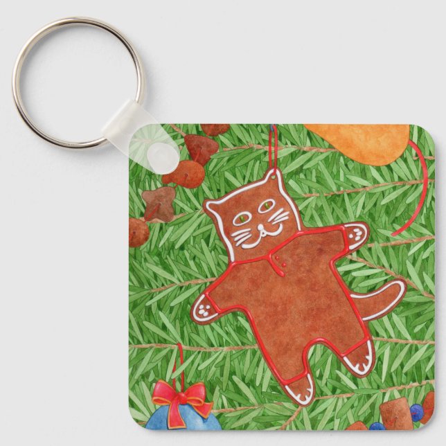 Kitty's Christmas Tree Square Aluminum Keychain (Front)