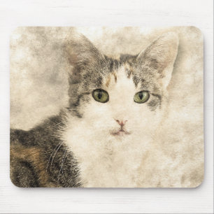 Kittys Full Attention Abstract Watercolor Mouse Pad