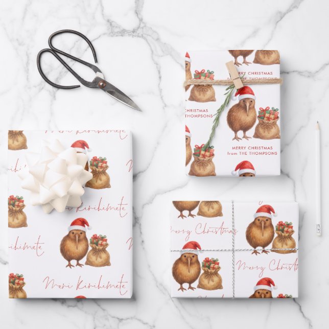 Kiwi Bird Meri Kirihimete Name Merry Christmas  Wrapping Paper Sheet (Front)