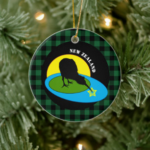 Kiwi Bird & New Zealand Green Buffalo Plaid Rustic Ceramic Ornament
