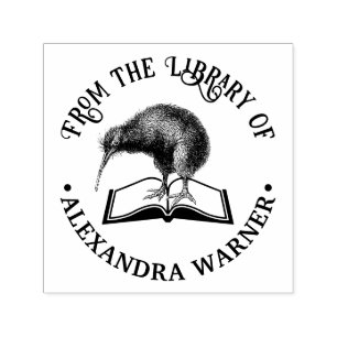 Kiwi Bird on a Book Round Library Book Name Self-inking Stamp