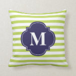 Kiwi Green and Navy Blue Stripes Monogram Throw Pillow<br><div class="desc">Chic custom decorative accent throw pillow. Personalize with your initial, monogram, name or any text of your choice.</div>