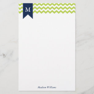 Kiwi Green Chevrons and Blue Monogram Stationery