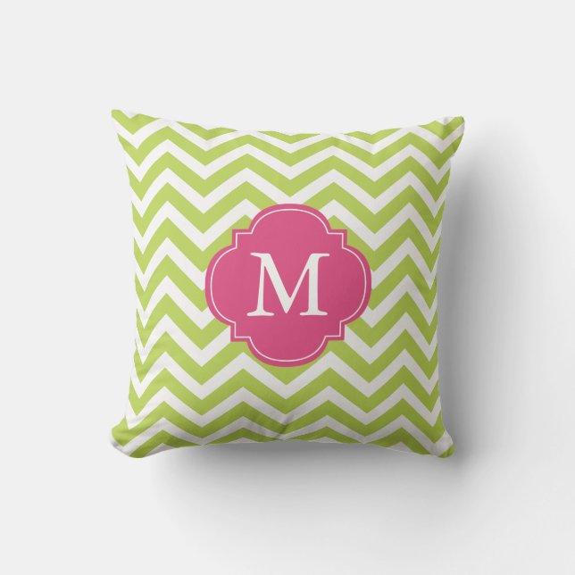 Kiwi Green Fuschia Zigzag Pattern Monogram Throw Pillow (Front)