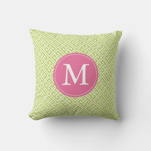 Kiwi Green Pink Greek Key Pattern Monogram Throw Pillow (Front)