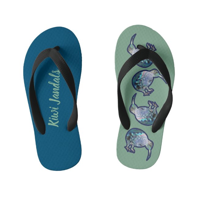 KIWI JANDALS NEW ZEALAND PAUA SHELL BIRD PATTERN KID'S FLIP FLOPS (Footbed)