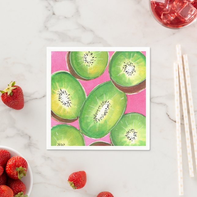 Kiwi on pink cocktail napkin neon green and pink (Insitu)