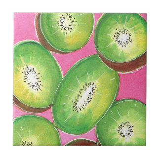 Kiwi on pink cocktail napkin neon green and pink tile