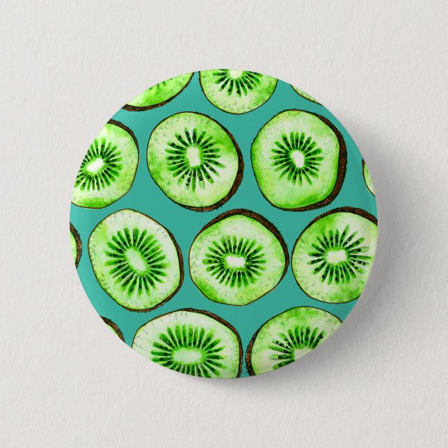 Kiwi slices on turquoise 2 inch round button (Front)