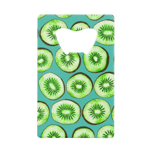 Kiwi slices on turquoise credit card bottle opener (Front)