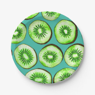Kiwi slices on turquoise paper plate