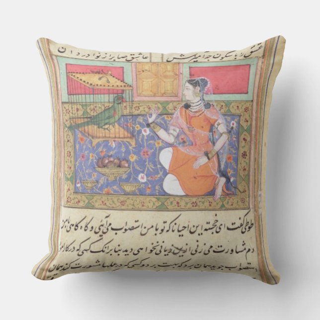 Kjujista, the Merchant's Wife, talking to a Parrot Throw Pillow (Front)