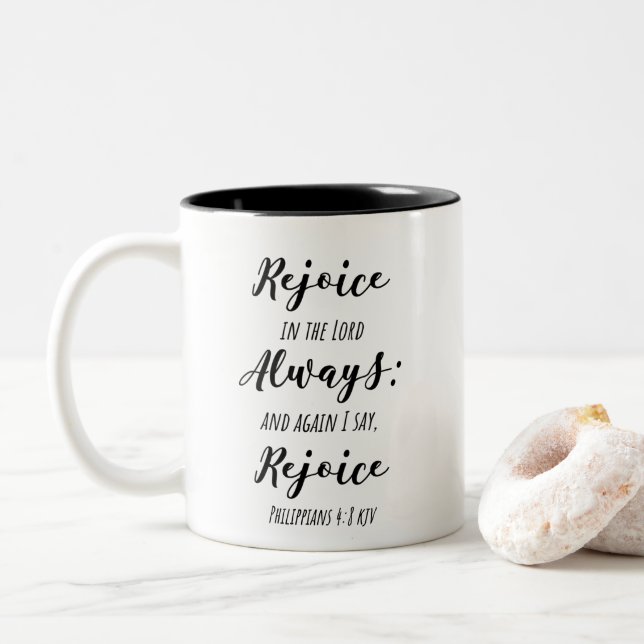 KJV Scripture Mug - Rejoice in the Lord Always (With Donut)