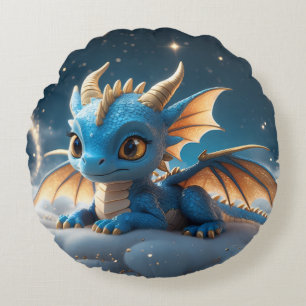 Kleiner blauer Dino auf einer Wolke Round Pillow
