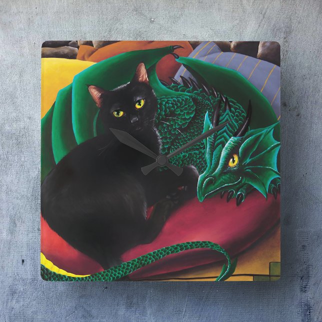 Kleo the Black Cat & George the Dragon Square Wall Clock (Creator Uploaded)