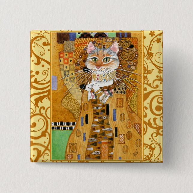 Klimt Cat in Gold square pinback 2 Inch Square Button (Front)