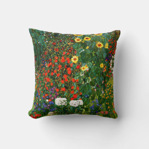 Klimt - Farm Garden with Sunflowers,  Throw Pillow