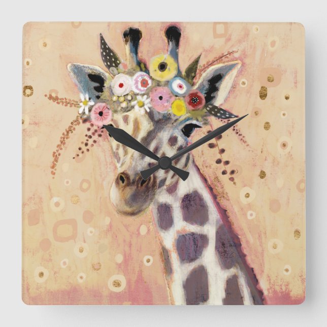 Klimt Giraffe | Adorned In Flowers Square Wall Clock (Front)